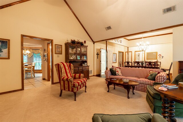521 Crestridge Rd, Heath, TX 75032 - living area featuring a chandelier, carpet floors, crown molding, high vaulted ceiling, and baseboards