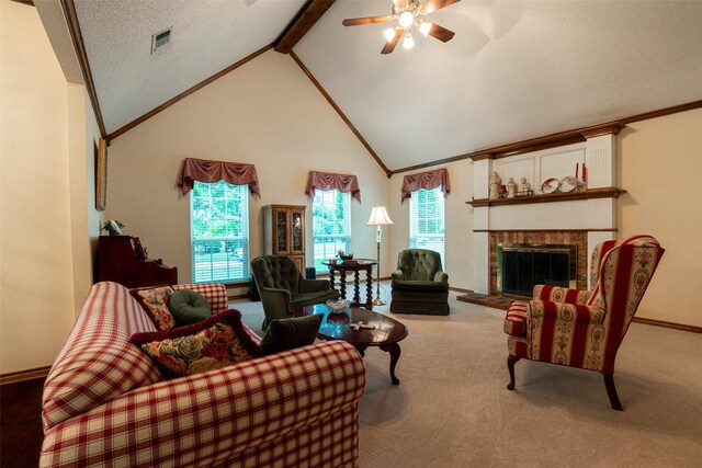 521 Crestridge Rd, Heath, TX 75032 - living room with a ceiling fan, a brick fireplace, beam ceiling, carpet flooring, and high vaulted ceiling