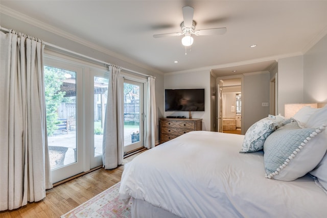3437 Purdue St, University Park, TX 75225 - bedroom featuring light wood-style flooring, access to outside, ornamental molding, ceiling fan, and recessed lighting
