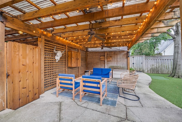 3437 Purdue St, University Park, TX 75225 - view of patio with outdoor lounge area, a pergola, and ceiling fan