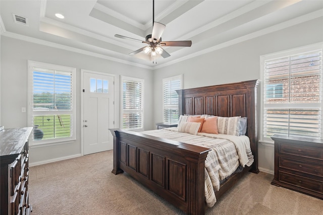 115 Lavender Ln, Springtown, TX 76082 - bedroom featuring light colored carpet, a raised ceiling, baseboards, crown molding, and access to outside