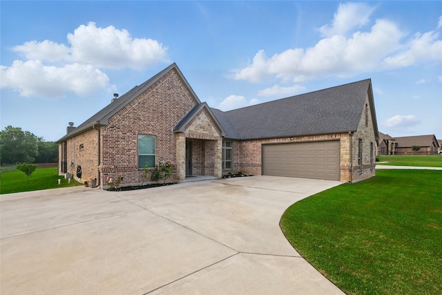 115 Lavender Ln, Springtown, TX 76082 - view of front of home with brick siding, driveway, a front lawn, a garage, and a chimney