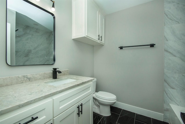 519 W James St, Wills Point, TX 75169 - bathroom featuring vanity, toilet, baseboards, a shower, and a bathtub
