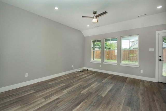 519 W James St, Wills Point, TX 75169 - empty room featuring baseboards, wood finished floors, ceiling fan, lofted ceiling, and recessed lighting