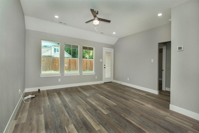 519 W James St, Wills Point, TX 75169 - empty room with ceiling fan, wood finished floors, baseboards, recessed lighting, and vaulted ceiling