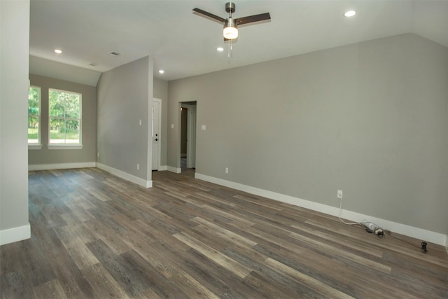 519 W James St, Wills Point, TX 75169 - empty room with ceiling fan, lofted ceiling, dark wood-style flooring, baseboards, and recessed lighting