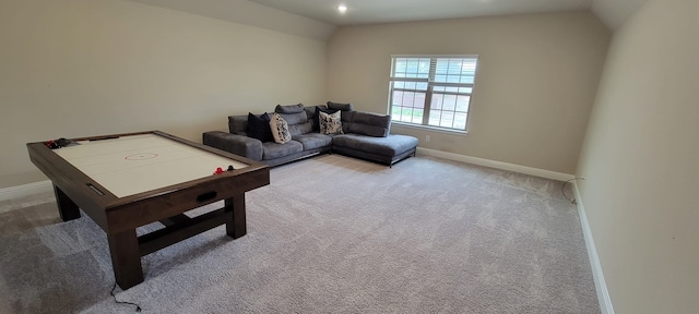 3805 Bentley Dr, Bedford, TX 76021 - recreation room with carpet, baseboards, lofted ceiling, and recessed lighting