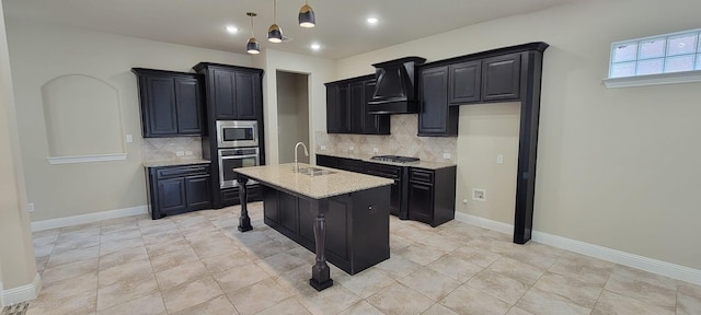 3805 Bentley Dr, Bedford, TX 76021 - kitchen with custom exhaust hood, appliances with stainless steel finishes, dark cabinetry, tasteful backsplash, and recessed lighting
