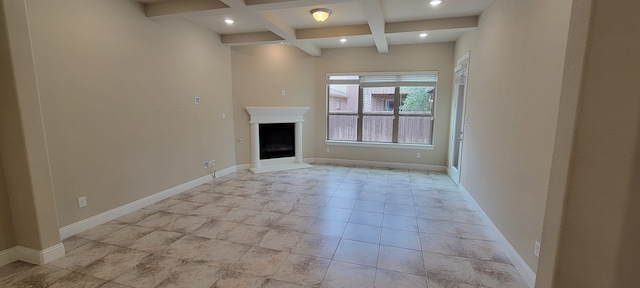3805 Bentley Dr, Bedford, TX 76021 - unfurnished living room featuring coffered ceiling, beam ceiling, recessed lighting, a fireplace, and baseboards