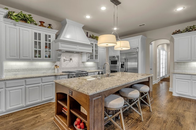 444 Francie Way, Allen, TX 75013 - kitchen featuring appliances with stainless steel finishes, custom range hood, a sink, arched walkways, and an island with sink