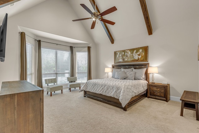 444 Francie Way, Allen, TX 75013 - bedroom with light colored carpet, high vaulted ceiling, beamed ceiling, and a ceiling fan
