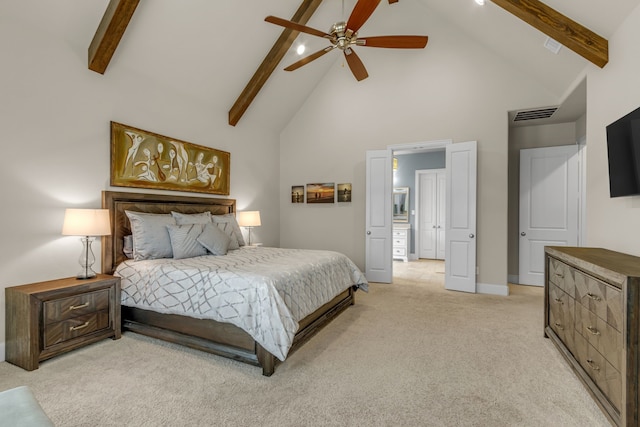 444 Francie Way, Allen, TX 75013 - bedroom with high vaulted ceiling, beamed ceiling, light carpet, baseboards, and ceiling fan