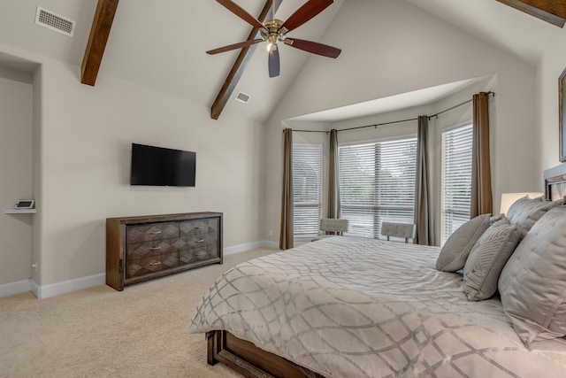 444 Francie Way, Allen, TX 75013 - bedroom with carpet, beam ceiling, high vaulted ceiling, baseboards, and ceiling fan
