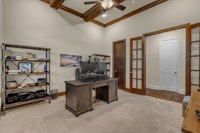 444 Francie Way, Allen, TX 75013 - carpeted office with a ceiling fan, french doors, crown molding, baseboards, and beam ceiling