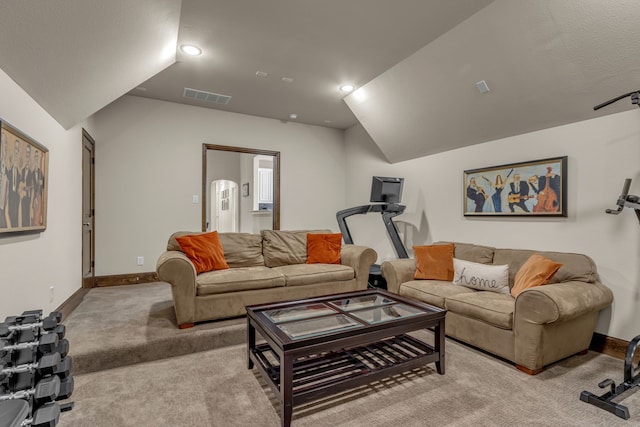 444 Francie Way, Allen, TX 75013 - living area with carpet, baseboards, recessed lighting, and lofted ceiling