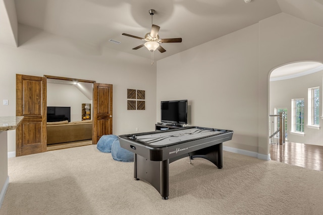 444 Francie Way, Allen, TX 75013 - game room with a ceiling fan, vaulted ceiling, carpet, baseboards, and arched walkways