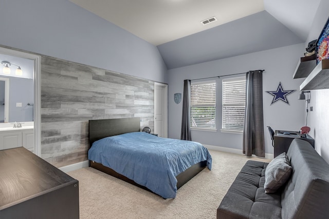444 Francie Way, Allen, TX 75013 - bedroom with light carpet, vaulted ceiling, baseboards, and a sink