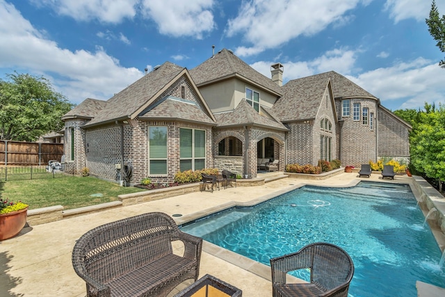 444 Francie Way, Allen, TX 75013 - rear view of property featuring a patio area, brick siding, a chimney, and a shingled roof