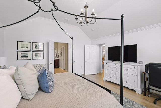 12303 Blue Ridge Dr, Frisco, TX 75033 - bedroom with crown molding, wood finished floors, a chandelier, vaulted ceiling, and ensuite bath