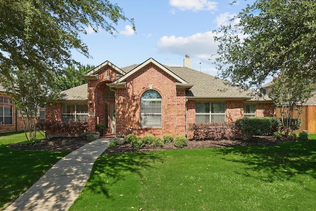 12303 Blue Ridge Dr, Frisco, TX 75033 - view of front of home featuring brick siding, a chimney, and a shingled roof