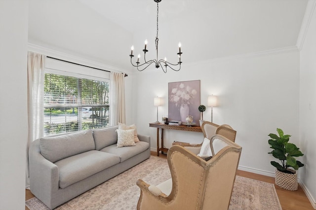12303 Blue Ridge Dr, Frisco, TX 75033 - living room featuring a chandelier, baseboards, wood finished floors, and crown molding