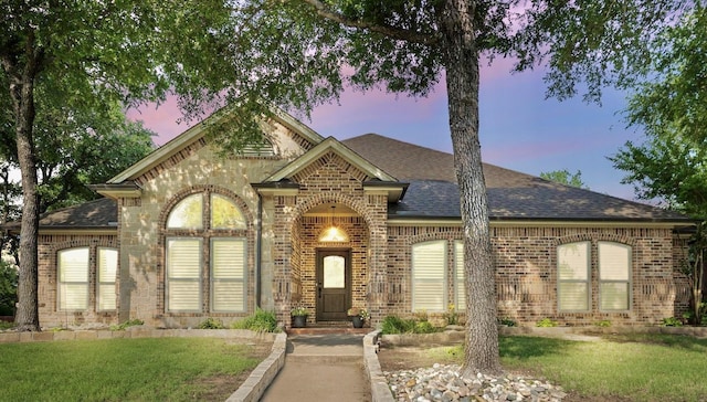 436 Valley View Ct, Aledo, TX 76008 - french country home with brick siding, roof with shingles, and a yard