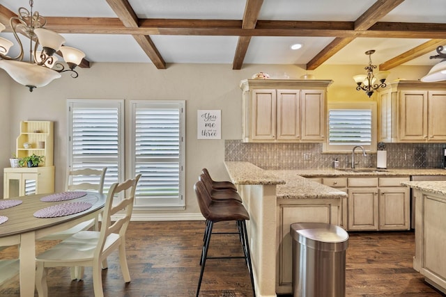 436 Valley View Ct, Aledo, TX 76008 - kitchen featuring a chandelier, a sink, light brown cabinets, coffered ceiling, and tasteful backsplash