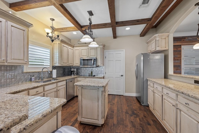 436 Valley View Ct, Aledo, TX 76008 - kitchen featuring stainless steel appliances, a sink, decorative backsplash, light stone counters, and beam ceiling