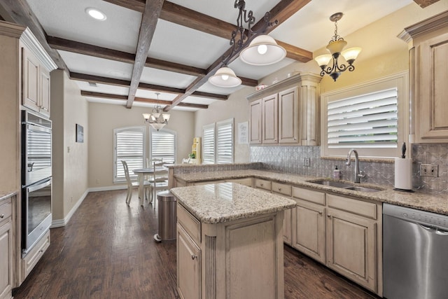 436 Valley View Ct, Aledo, TX 76008 - kitchen with appliances with stainless steel finishes, a chandelier, a sink, tasteful backsplash, and coffered ceiling