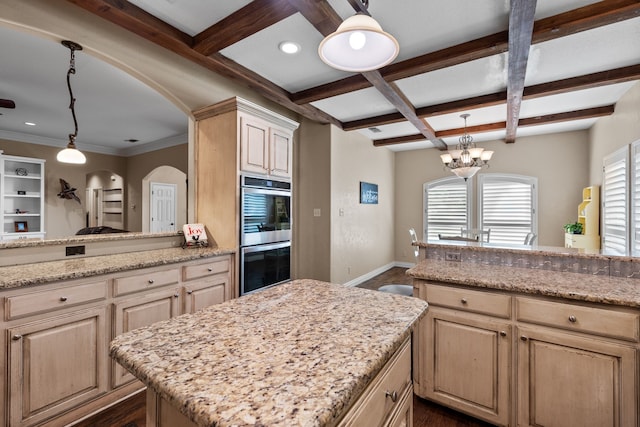 436 Valley View Ct, Aledo, TX 76008 - kitchen with stainless steel double oven, arched walkways, dark wood finished floors, a chandelier, and beam ceiling