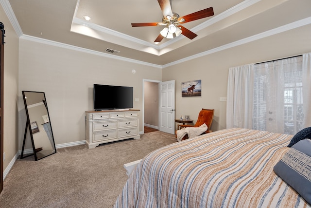 436 Valley View Ct, Aledo, TX 76008 - bedroom featuring a tray ceiling, crown molding, light colored carpet, access to exterior, and baseboards