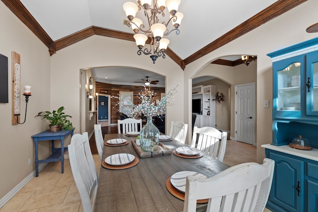 436 Valley View Ct, Aledo, TX 76008 - dining space featuring arched walkways, a chandelier, light tile patterned floors, and vaulted ceiling