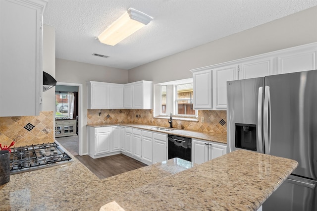 2804 Laurel Hill Dr, Flower Mound, TX 75028 - kitchen featuring appliances with stainless steel finishes, a sink, white cabinets, plenty of natural light, and a textured ceiling