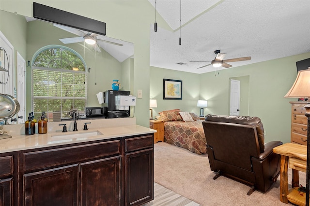 2804 Laurel Hill Dr, Flower Mound, TX 75028 - kitchen featuring a sink, a ceiling fan, dark brown cabinetry, and a textured ceiling