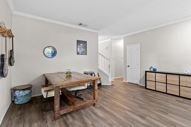 2804 Laurel Hill Dr, Flower Mound, TX 75028 - dining space with wood finished floors, stairway, crown molding, and baseboards