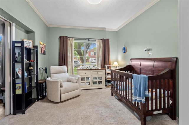 2804 Laurel Hill Dr, Flower Mound, TX 75028 - bedroom with carpet floors, ornamental molding, a textured ceiling, and a crib