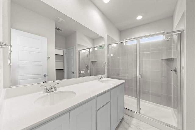 3105 Sedge Grass Dr, Melissa, TX 75454 - bathroom featuring a shower stall, marble finish flooring, double vanity, and recessed lighting