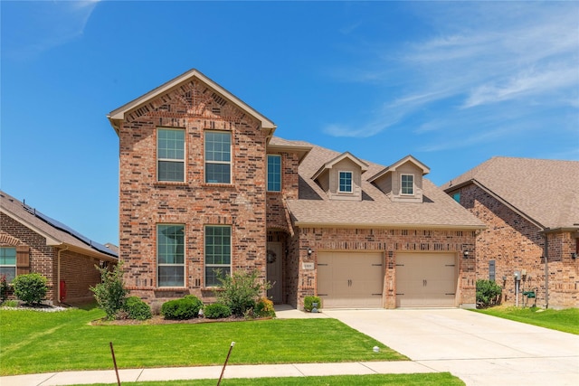 1909 Outpost Creek Ln, Aubrey, TX 76227 - traditional-style home with brick siding, concrete driveway, a front yard, and roof with shingles