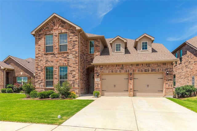 1909 Outpost Creek Ln, Aubrey, TX 76227 - traditional-style home featuring brick siding, a front yard, driveway, and a shingled roof