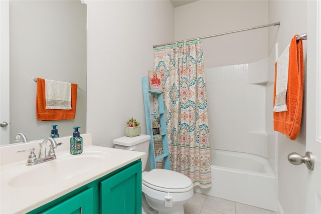 1909 Outpost Creek Ln, Aubrey, TX 76227 - full bathroom with toilet, vanity, tile patterned floors, and shower / bath combo with shower curtain