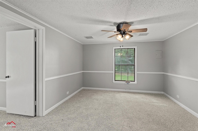 5630 Shreveport Blanchard Hwy, Shreveport, LA 71107 - unfurnished room featuring a textured ceiling, ceiling fan, carpet floors, ornamental molding, and baseboards