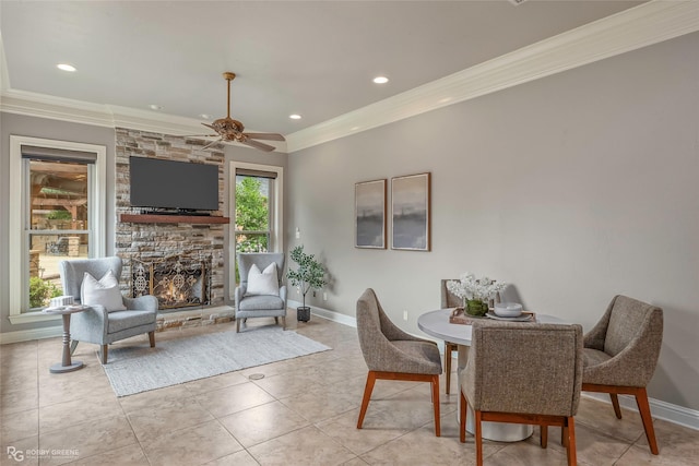 2549 Bloomfield Ln, Haughton, LA 71037 - unfurnished living room featuring crown molding, built in shelves, a fireplace, a chandelier, and light tile patterned flooring