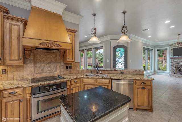 2549 Bloomfield Ln, Haughton, LA 71037 - kitchen with a sink, stainless steel oven, premium range hood, a chandelier, and ornamental molding