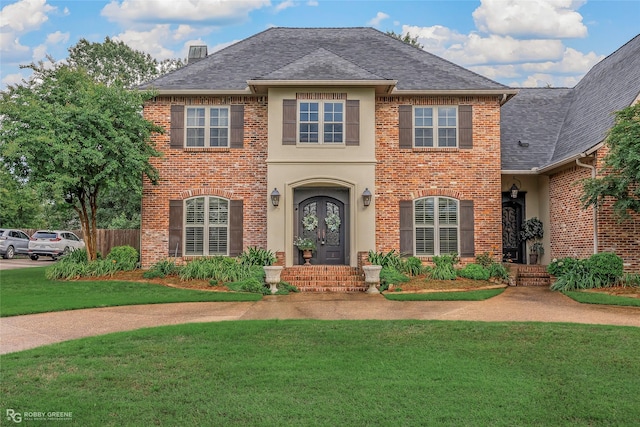 2549 Bloomfield Ln, Haughton, LA 71037 - view of front facade featuring french doors, brick siding, a front lawn, and roof with shingles