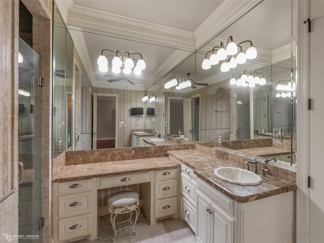 2549 Bloomfield Ln, Haughton, LA 71037 - full bathroom featuring ornamental molding, vanity, a chandelier, a shower stall, and tile patterned flooring