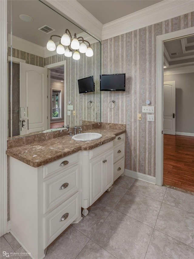 2549 Bloomfield Ln, Haughton, LA 71037 - bathroom with crown molding, vanity, wallpapered walls, baseboards, and tile patterned floors