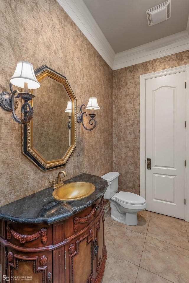 2549 Bloomfield Ln, Haughton, LA 71037 - half bathroom with vanity, ornamental molding, tile patterned floors, and toilet
