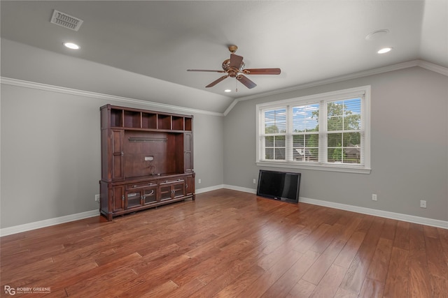 2549 Bloomfield Ln, Haughton, LA 71037 - unfurnished living room with vaulted ceiling, ceiling fan, baseboards, wood finished floors, and crown molding