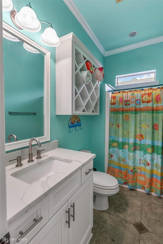 2549 Bloomfield Ln, Haughton, LA 71037 - bathroom with crown molding, vanity, toilet, and a shower with shower curtain