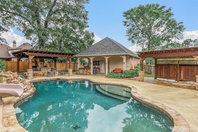 2549 Bloomfield Ln, Haughton, LA 71037 - view of swimming pool with a water slide, a gazebo, a fenced backyard, a pergola, and a patio area